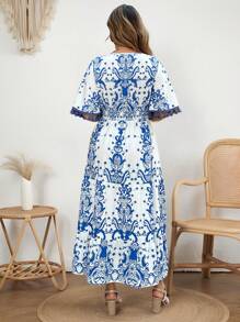 Flirla Plus Size Boho Vintage Floral Fringe Ruffle Dress, Bohemian Style, Spring/Summer