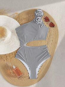 SHEIN Swim Traje de baño de una pieza elegante con hombro descubierto y estampado de rayas para mujer, estilo bohemio para festival, ideal para verano y vacaciones en la playa - Blanco y Negro - Ver 8