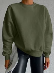 RueChic Solid Drop Shoulder Sweatshirt - Dark Green - View 4