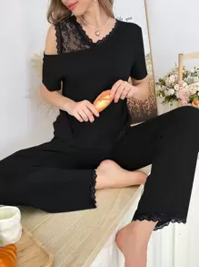 SHEIN Color Block Lace Stitching Oblique Shoulder Casual Short Sleeve Pants Sleepwear Suit - Black - View 3
