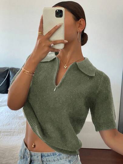 DAZY Damen figurbetonte einfarbige Polokragen Reißverschluss Kurzarm Strickoberteil, Herbstkleidung