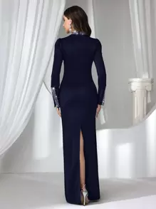 Coutiva Abito da sera lungo elegante da donna con decorazioni di strass e perle finte, abito da cerimonia nero, abito da ballo, abito per feste, abito per matrimonio.
