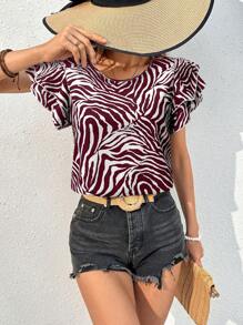 SHEIN Essnce Blusa de cuello redondo con doble capa y mangas cortas con estampado de cebra de verano - Multicolor - Ver 4