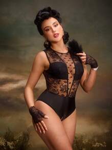 Bộ đồ liền thân ren chấm bi bóng loáng gợi cảm Retro Palace dành cho nữ - màu đen - Xem 5