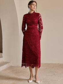 Anewsta 优雅法式玫瑰缎拼接蕾丝奢华女式连衣裙 - 酒紅色 - 查看 3