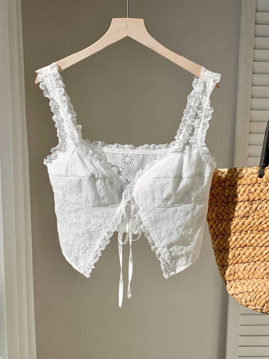 Comfortcana Camiseta sin tirantes para mujer de unicolor con bordado calado y cordones, para uso casual en vacaciones - Blanco - Ver 1