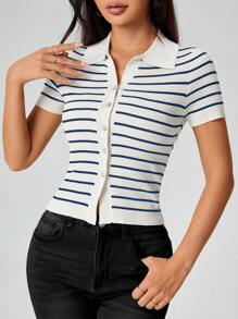 SHEIN PETITE Women's Lapel Preppy Striped Button-Down Sweater - Multicolor - View 6