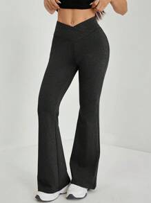 SHEIN PETITE Pantalones acampanados de cintura alta con diseño de envolvente de unicolor simple