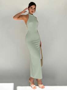 Aloruh Simple Fashionable Backless Summer Dress - Green - View 5