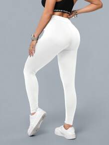 SHEIN Essnce 高腰马术运动图案女式修身踝长紧身裤，适合春夏季 - 白色 - 查看 2