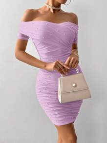 SHEIN Privé Women Open Shoulder Short Sleeve Beaded Ruched Bodycon Mini Dress - Lilac Purple - View 4