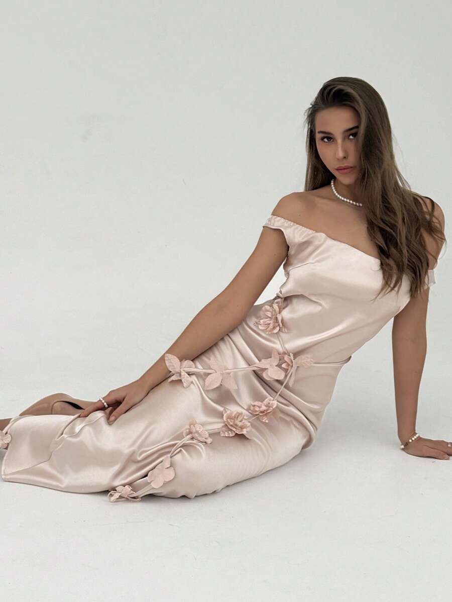 Aloruh Women's Off Shoulder Floral Printed Dress With Sash Waistband, For Wedding/Season - Apricot - View 1