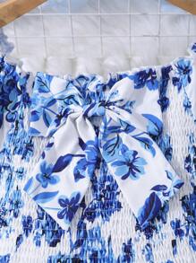 Sparklyn Tween Girls Floral Print Bowknot Short Sleeve Dress - Blue - View 7