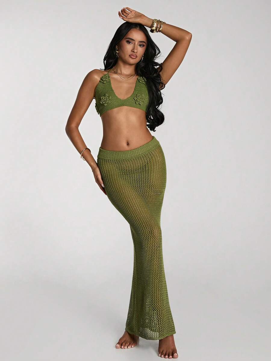 SHEIN BAE Solid Color 3D Floral Decor Halter Backless Sweater Vest And Long Sheer Skirt Suit - Green - View 1