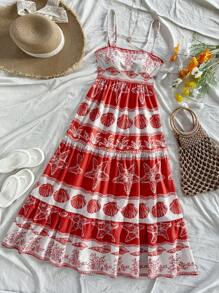Soleia Vestido largo de línea A con estampado de elementos oceánicos en rojo y albaricoque para mujer, vestido casual de verano sin mangas con estampado de estrellas de mar, conchas y algas para la playa