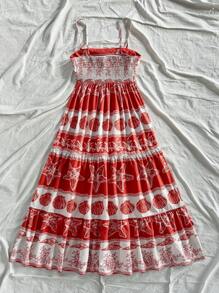 Soleia Vestido largo de línea A con estampado de elementos oceánicos en rojo y albaricoque para mujer, vestido casual de verano sin mangas con estampado de estrellas de mar, conchas y algas para la playa