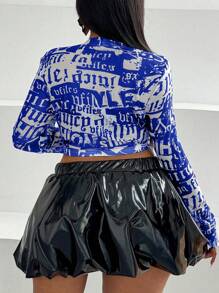 SHEIN MOOSTA Plus Size Women Fashionable Sexy All-Over Print Sheer Mesh Cropped Top - Blue - View 2