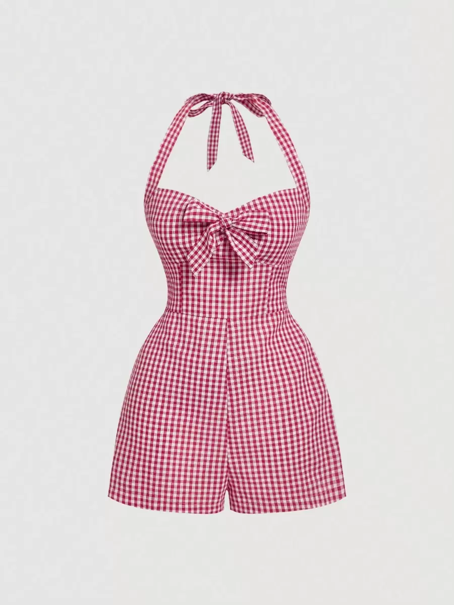 SHEIN MOD Women's Cute Plaid Halter Tied Jumpsuit,Casual Summer Outfits