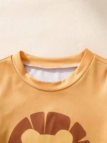 2 Pcs/Set Newborn Baby Boy Lion Print Short Sleeve Shirt & Long Pants Set, Cute Outfit For 3-6 Months, Orange Color Suitable For Summer, Versatile For Casual Wear Or Outdoor