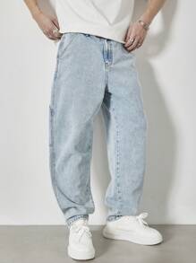 Claim Dot Men's Light Blue Washed Loose Straight Leg Casual Jeans, Urban Chill - Light Wash - View 4