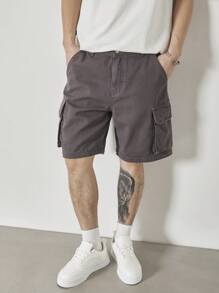 Claim Dot 男士宽松深灰色休闲牛仔工装短裤 - 深灰色 - 查看 5