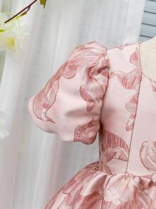 女孩年轻女孩正式泡泡袖圆领提花拉链公主裙，优雅迷人，适合生日派对 - 粉色 - 查看 4