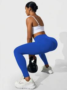 SHEIN Core Rhythm 女士纯色高腰休闲健身紧身裤瑜伽裤 - 寶藍色 - 查看 5