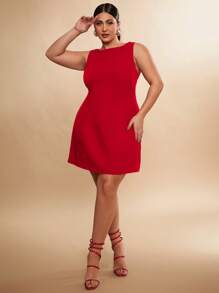 SHEIN BAE Solid Color Round Neck Sleeveless Flared Hem Minimalist Elegant Short Dress,Birthday Dresses For Women - Red - View 1