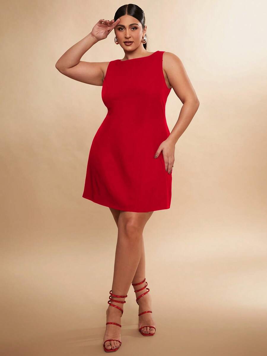SHEIN BAE Solid Color Round Neck Sleeveless Flared Hem Minimalist Elegant Short Dress,Birthday Dresses For Women - Red - View 1