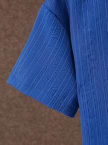 SHEIN Bộ 2 áo sơ mi tay ngắn và quần short trơn màu cho bé trai tuổi teen, phong cách tối giản, phù hợp cho mùa hè - Xanh đậm - Xem 4