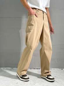 Manfinity Homme Men's Solid Color Pocket Simple Straight Leg Casual Pants, Everyday Wear - Khaki - View 3