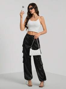 SHEIN Tall 街头服饰 春节服装 缎面工作裤 女式长裤 带 3D 口袋 - 黑色 - 查看 3