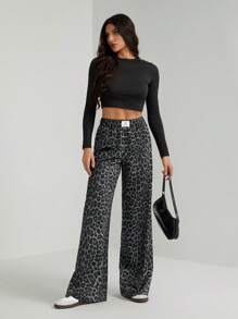 SHEIN Tall Women Leopard Print Casual Lounge Pants - Dark Grey - View 3