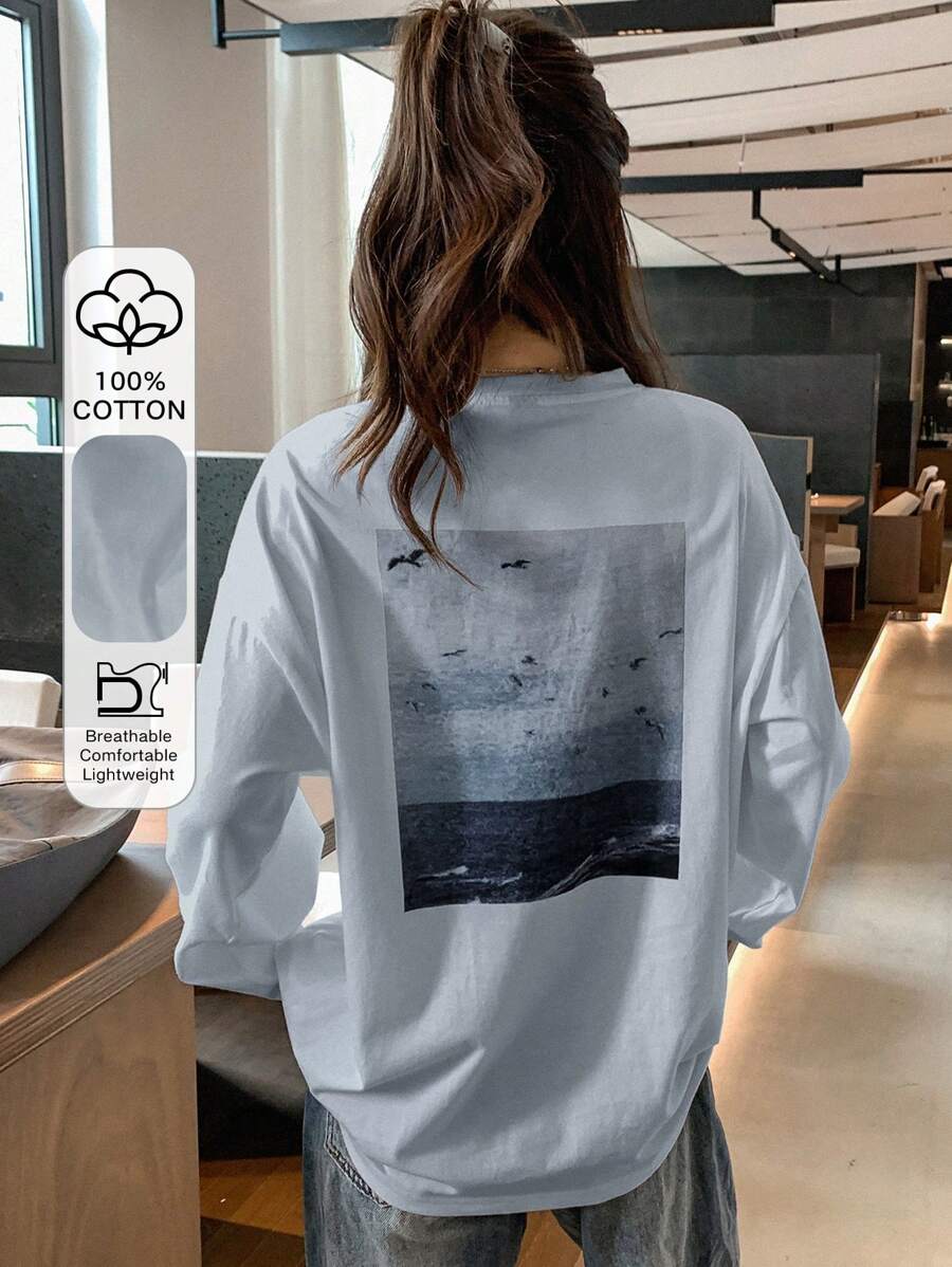 DAZY Women's Long Sleeve Drop Shoulder T-Shirt With Slogan Print - Blue - View 1