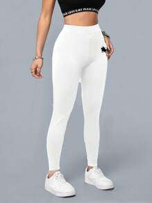 SHEIN Essnce 高腰马术运动图案女式修身踝长紧身裤，适合春夏季 - 白色 - 查看 4