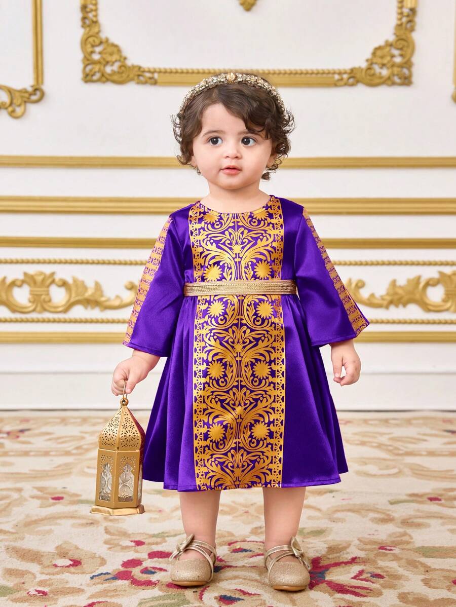 SHEIN Toddler Girls' Elegant Summer Color-Block Gold Pattern Dress - Purple - View 1