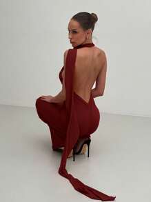 Aloruh 女式深 V 领紧身红色长裙，带 3D 花卉装饰，适合派对、圣诞节、情人节 - 酒紅色 - 查看 3