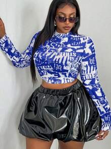 SHEIN MOOSTA Plus Size Women Fashionable Sexy All-Over Print Sheer Mesh Cropped Top - Blue - View 8