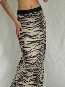INAWLY 女士夏季时尚斑马图案印花低腰半身裙