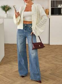 SHEIN Cottnline 女士前扣镂空春季开衫 - 杏色 - 查看 6