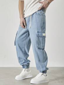 Manfinity EZcore Men's Light Blue Washed Leisure Cuffed Ankle Jeans, Urban Chic - Light Wash - View 4