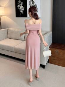 DAZY Off Shoulder Solid Ruched Side Mesh Overlay Homecoming Dress Elegant Sundress,Dress For Wedding