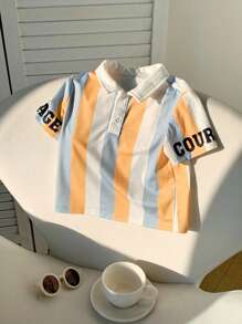 SHEIN Leap Crew 休闲彩色条纹 Polo 衫，男婴女婴春夏装，适合日常和外出 - 黃色 - 查看 4
