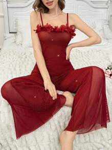 SHEIN 2 sztuki kwiatowy wystrój błyszczący przezroczysty seksowny zestaw piżamowy z koszulką i długimi spodniami - Burgund - Zobacz 3