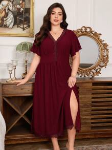 Trezura 大码女式蕾丝 V 领休闲提花束腰喇叭袖睡袍 - 酒紅色 - 查看 3