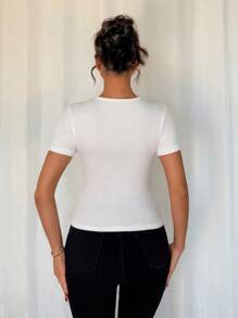 Chiquease Women V-Neck Lace Bodycon Short Sleeve Twist Front Top - White - View 2