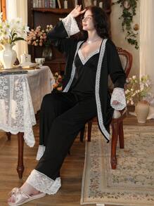 Côtesoire 3件套优雅蕾丝拼接女士睡衣套装，适合假日、秋冬季节穿着 - 黑色 - 查看 3