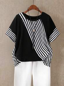 Linhara Plus Size Women's Casual Simple Black And White Contrasting Striped T-Shirt Top - Black and White - View 1