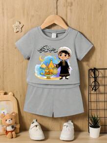 2pcs/Set Baby Boy Casual Versatile Sports Minimalist Printed Outfit Suit, Suitable For Outdoor, Spring/Summer - Grey - View 1