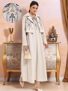 Al Najma Conservative Casual Embroidered Women's Arabic Set,Modest - Beige - View 3